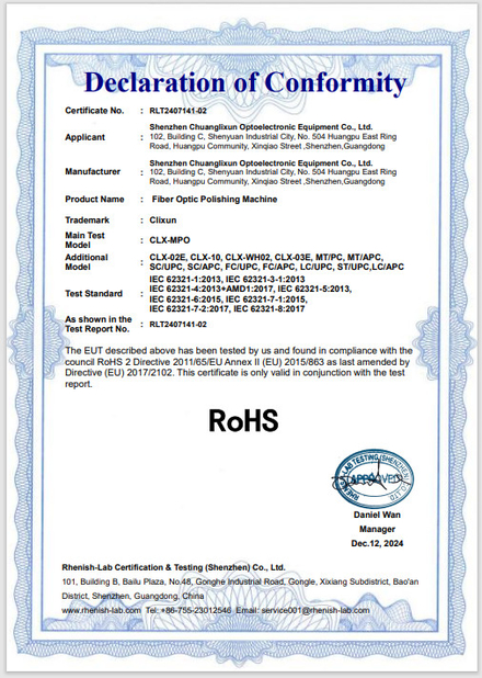 Trung Quốc Shenzhen Chuanglixun Optoelectronic Equipment Co., Ltd. Chứng chỉ